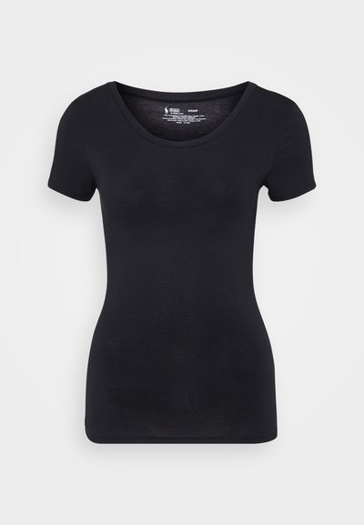 Black short-sleeve t-shirt with a round neckline, fitted shape, smooth texture, and no visible patterns or hardware details.