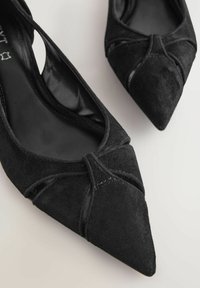 Par crnih balerinki od brušene kože s zašiljenim vrhovima i prošivenim detaljima, fotografiranih na svijetlosivoj podlozi.