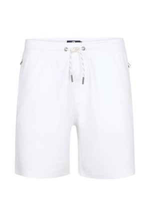 Hvide herre svømmetræningsshorts med snøre i taljen og lynlåslommer i siderne på en ensfarvet baggrund.