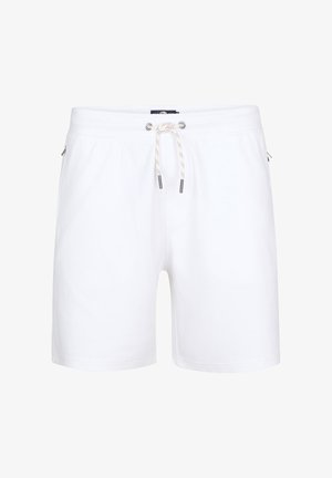 Hvide herre svømmetræningsshorts med snøre i taljen og lynlåslommer i siderne på en ensfarvet baggrund.