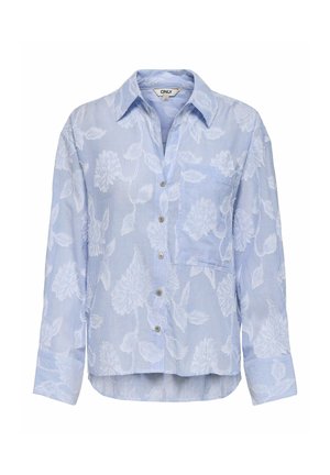 Chemise bleue claire à boutons avec un motif floral blanc, manches longues, col pointu et une poche poitrine avant.