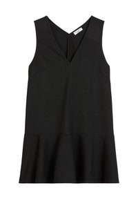Μαύρο αμάνικο φόρεμα με V-λαιμόκοψη, με φαρδύ στρίφωμα και διακριτές ρίγες. Κατασκευασμένο από λείο ύφασμα με κομψή γραμμή.