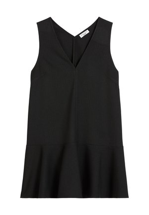 Μαύρο αμάνικο φόρεμα με V-λαιμόκοψη, με φαρδύ στρίφωμα και διακριτές ρίγες. Κατασκευασμένο από λείο ύφασμα με κομψή γραμμή.