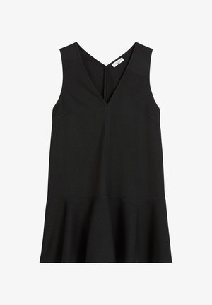 Černé bezrukávové šaty s výstřihem do V, mají rozšířený lem a jemné pruhy. Vyrobeny z hladkého materiálu s přiléhavým střihem.