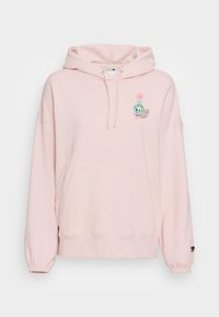 Felpa rosa chiaro con tasca frontale, cappuccio con cordino e polsini elasticizzati. Presenta una stampa grafica colorata sul petto. Tessuto dalla consistenza morbida.