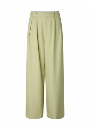 Lysegrønne vide bukser med frontfolder og beltehemper, vist mot en hvit bakgrunn.