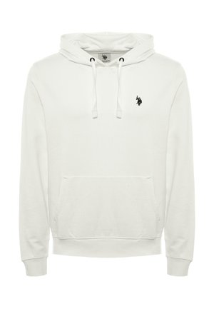 Felpa bianca con cappuccio realizzata in materiale morbido. Presenta una tasca a marsupio, cappuccio con cordini e un piccolo logo nero sul petto.