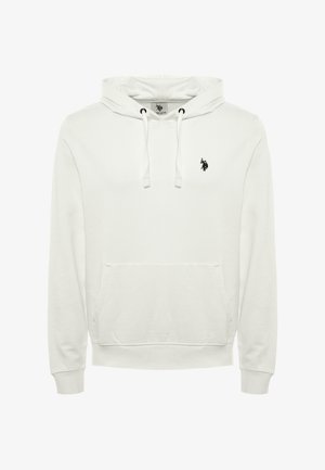 Felpa bianca con cappuccio realizzata in materiale morbido. Presenta una tasca a marsupio, cappuccio con cordini e un piccolo logo nero sul petto.