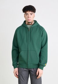 Grüne Kapuzenjacke mit Reißverschluss aus weichem Stoff, mit Kapuze, zwei Fronttaschen und Rippbündchen. Goldene Reißverschlussakzente an der Vorderseite.