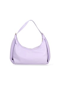 Borsa hobo lavanda in materiale sintetico liscio, con manico intrecciato e chiusura con zip. Forma compatta con una texture morbida.