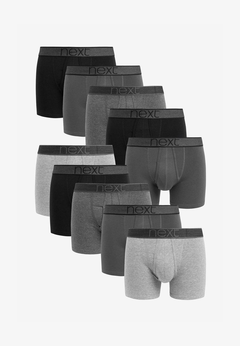 Dix paires de caleçons boxer dans différentes nuances de gris, noir et gris clair. Chaque paire est dotée d'une ceinture élastique noire avec le logo "next".