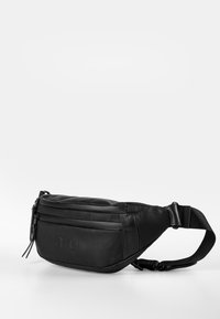 Schwarze Gürteltasche aus glattem synthetischen Material mit rechteckiger Form. Verfügt über zwei mit Reissverschluss verschlossene Fächer und einen verstellbaren Riemen.
