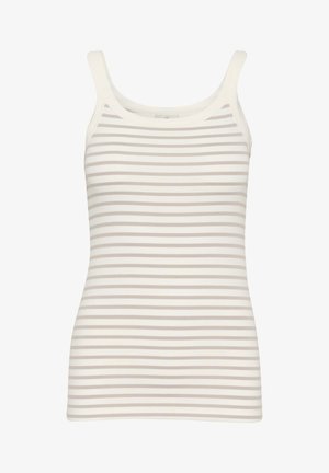 Striped tank top in cream with light gray horizontal stripes. Features adjustable straps, a round neckline, and soft, stretchy fabric.