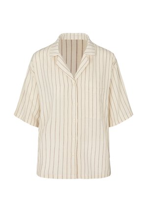 Cremefarvet kortærmet skjorte med knapper, tynde lodrette brune striber og en brystlomme foran.