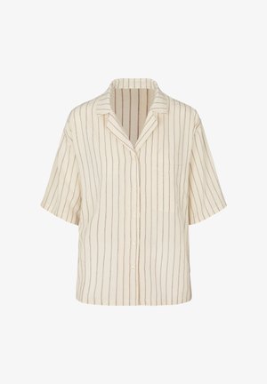 Cremefarvet kortærmet skjorte med knapper, tynde lodrette brune striber og en brystlomme foran.