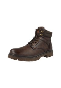 Bota de tobillo de cuero marrón con parte delantera con cordones, cuello acolchado y suela de goma. Presenta herrajes en tono dorado y detalles de costura en contraste.