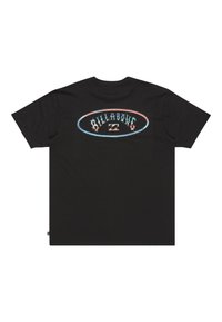 Sort bomulds T-shirt med korte ærmer, der har et farverigt "Billabong" logo indenfor en oval på ryggen. Enkel, afslappet pasform.