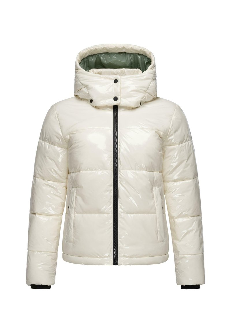 Witte glanzende pufferjack met een hoge kraag, rits aan de voorkant en een zwarte rits. Heeft gequiltte secties en zwarte accenten op de mouwen.