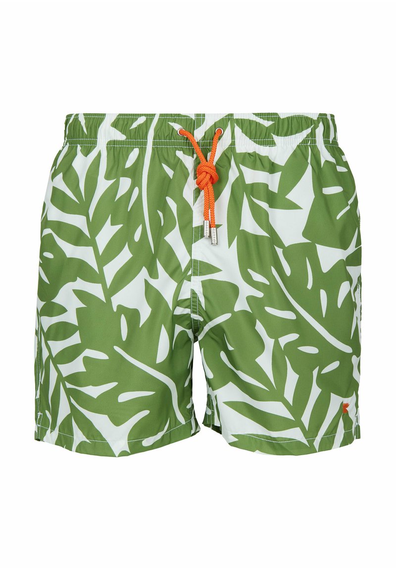 Pantaloni da bagno con motivo a foglia verde su sfondo bianco. Presentano un elastico in vita con coulisse arancione e un piccolo logo sull'orlo.