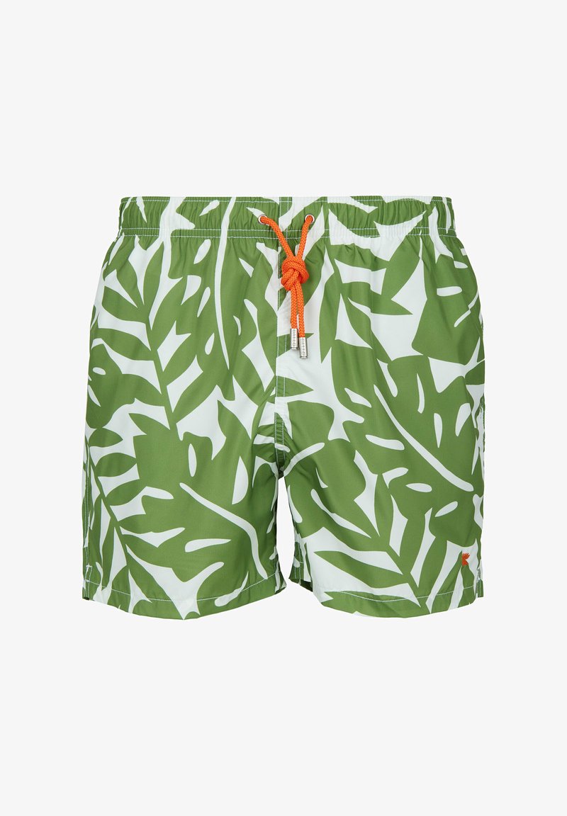 Pantaloni da bagno con motivo a foglia verde su sfondo bianco. Presentano un elastico in vita con coulisse arancione e un piccolo logo sull'orlo.
