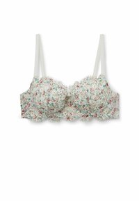 Witte bloemenbeha van zachte stof met een delicaat patroon, lichtgewatteerde cups, geschulpte randen en verstelbare banden.