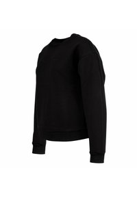 Sudadera negra de manga larga con cuello redondo, puños y dobladillo acanalados, tejido ligeramente texturizado y sutil texto bordado en el pecho.