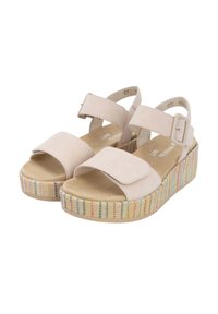 Helle rosa Wildledersandalen mit breiten Riemen und verstellbaren Schnallen. Sie verfügen über eine mehrfarbige gestreifte Keilsohle mit strukturiertem Finish.