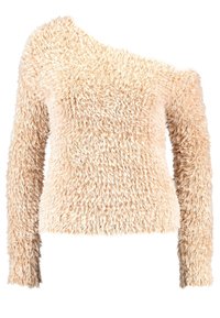 Maglione beige fuzzy con una manica scivolata, texture morbida, design aderente e maniche lunghe, caratterizzato da una finitura pelosa e soffice.