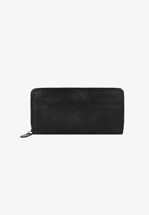 Portafoglio in pelle nera con texture liscia, chiusura zip-around e tasca frontale. Caratterizzato da un design minimalista con un branding discreto.