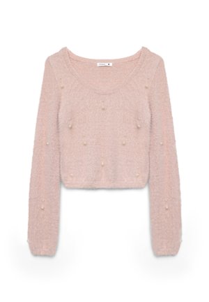 Maglione corto rosa chiaro realizzato in materiale morbido e testurizzato, con perle sparse sul davanti e maniche lunghe.