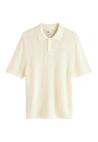 Kratký rukáv polo triko v krémové barvě, vyrobené z texturované pleteniny. Disponuje klasickým límcem a knoflíkovou légou se třemi knoflíky pro zapínání.