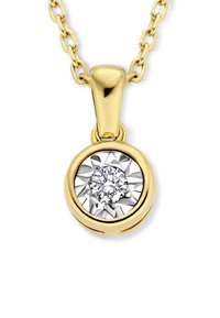Gold chain necklace with a round pendant featuring a central sparkling diamond set in a textured silver background.