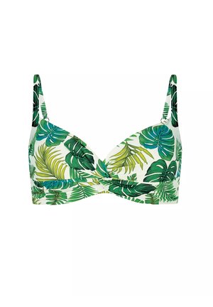 Bikini w górze w liściasty wzór w odcieniach zieleni i żółci; posiada skręcony przód oraz regulowane ramiączka; wykonany z elastycznej tkaniny.