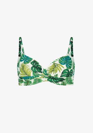 Bikini w górze w liściasty wzór w odcieniach zieleni i żółci; posiada skręcony przód oraz regulowane ramiączka; wykonany z elastycznej tkaniny.