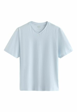 Hellblaues Baumwoll-T-Shirt mit V-Ausschnitt, kurzen Ärmeln und lockerem Schnitt. Glatte Textur mit minimalen Designdetails.