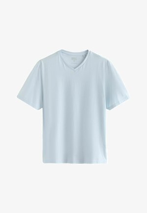 Hellblaues Baumwoll-T-Shirt mit V-Ausschnitt, kurzen Ärmeln und lockerem Schnitt. Glatte Textur mit minimalen Designdetails.