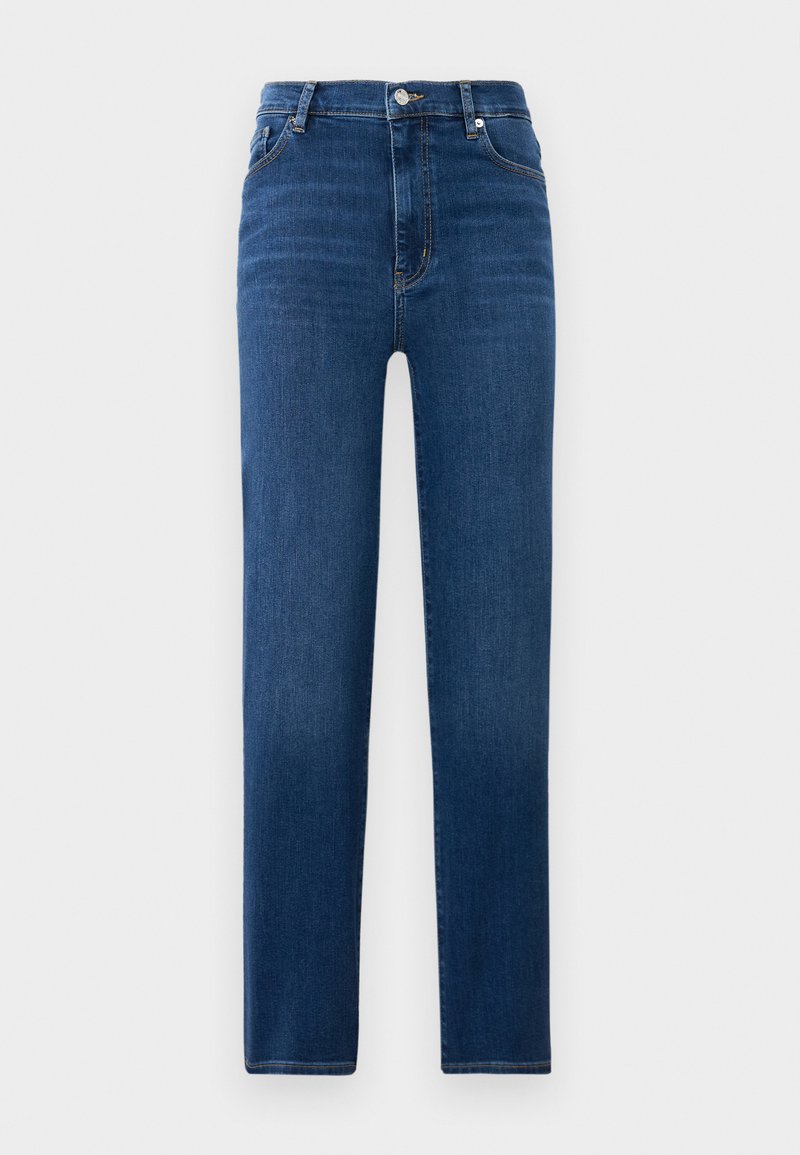 Blauwe hoge taille rechte spijkerbroek met knoop- en ritssluiting, zijzakken en contrasterende stiksels op een witte achtergrond.