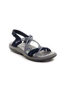 Sandalo navy e grigio con fasce elastiche incrociate, soletta grigia imbottita e suola testurizzata con motivi geometrici.