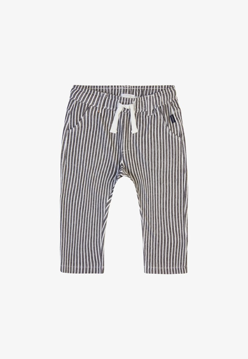 Stribede bukser i navy og hvid med elastisk talje og snøre, to sidelommer og afslappet pasform. Fabric i bomuldsblanding.