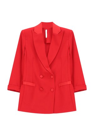 Blazer rosso doppiopetto con rever a lancia, maniche a tre quarti, due tasche frontali e bottoni rivestiti in tessuto abbinato.