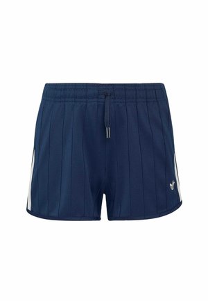Navyblå atletikshorts med elastik i taljen, snøre, lodret syning og hvide sidelommer med lille logo på venstre ben.