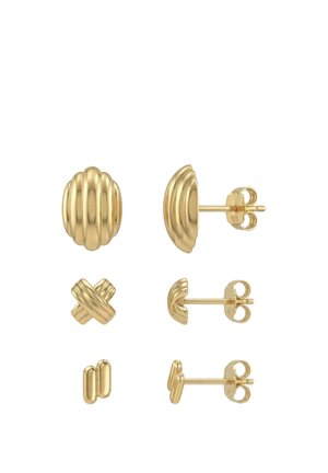 Tre par polerede guldørestikker med rillede, krydsede og dobbeltstang-designs vist forfra og fra siden.