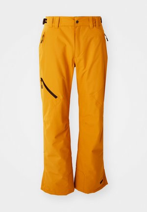 Men's snow pants, bright orange, waterproof material, wide leg design, features black zipper pockets on sides and reinforced seams.