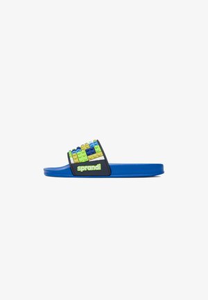 Sandalo con fascetta da scivolo blu con decorazioni multicolori a blocchi sulla cinghia e logo "sprandi" in verde e bianco sul lato.