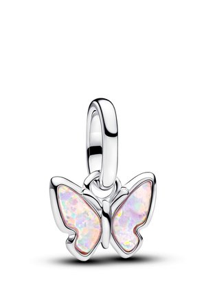 Ciondolo farfalla in argento con ali iridescenti color pastello e anello circolare per attaccarlo ai gioielli.