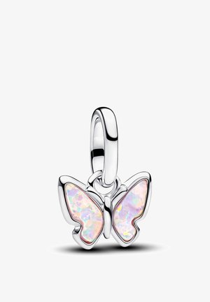 Ciondolo farfalla in argento con ali iridescenti color pastello e anello circolare per attaccarlo ai gioielli.