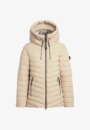 Beige gesteppte Daunenjacke mit Kapuze, mit einem Steppmuster, schwarzen Reißverschlüssen und Seitentaschen; mit silbernem Material gefüttert.