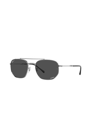 Occhiali da sole in metallo con lenti grigie, forma rettangolare, montatura sottile e accenti minimalisti. Presentano un ponte e naselli regolabili.