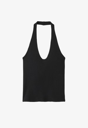 Zwarte geribbelde gebreide haltertop met diepe V-hals en sluiting met een band aan de achterkant, mouwloos en cropped stijl.