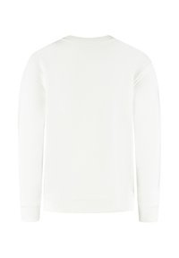 Effen witte lange mouwen crewneck sweater met geribbelde manchetten en rand, weergegeven vanaf de achterkant op een witte achtergrond.